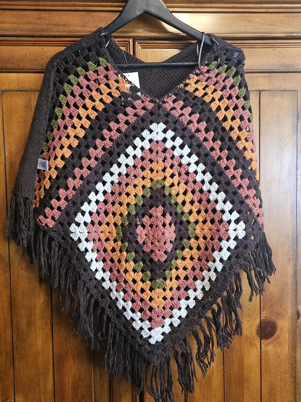 Vintage Vibe Grandmacore Crochet Granny Square Poncho - Multi Autumn Tones OS NW